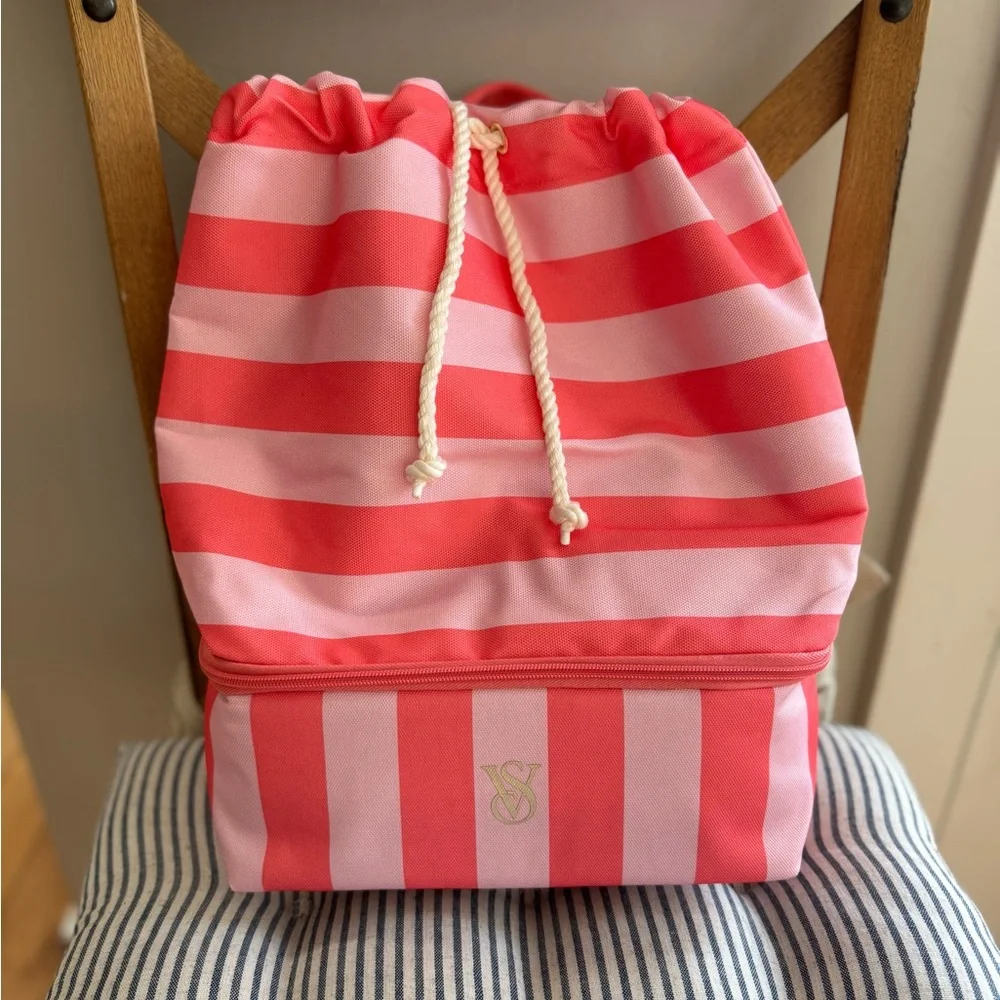 Victoria’s Secret Pink Coral Striped Drawstring Cooler Backpack NEW